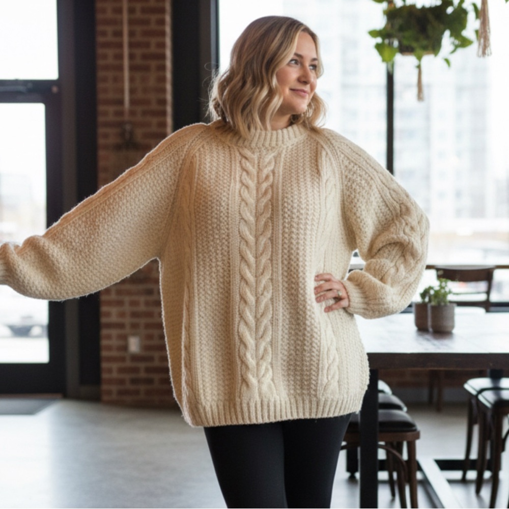 100% Wool NEPAL Cream Cable Knit Crewneck Sweater - Cozy Relaxed Pullover